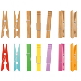 Vector illustration of wooden and clothespin collection on white background. Clothespins in different bright colors and positions for household in flat style